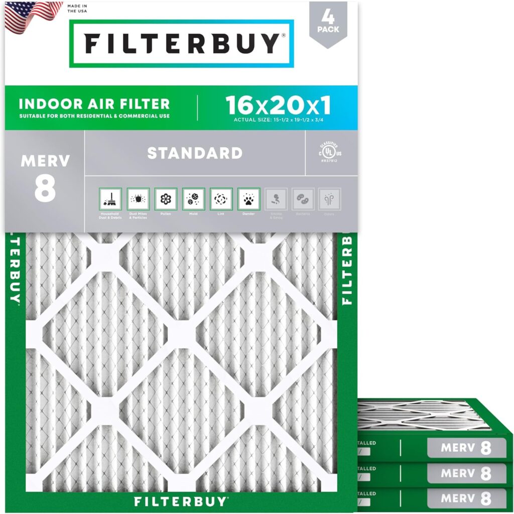 Filterbuy 16x20x1 Air Filter MERV 8 Essential Dust & Allergy Defense (4-Pack)