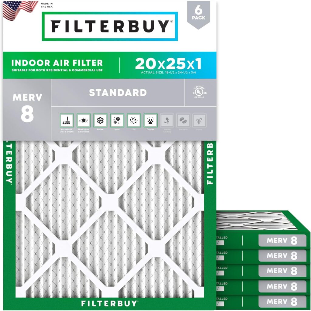 Filterbuy 20x25x1 Air Filter MERV 8 Essential Dust & Allergy Defense (6-Pack)