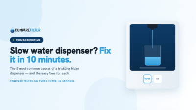 Refrigerator water dispenser slowly filling a glass, illustrating slow water flow troubleshooting