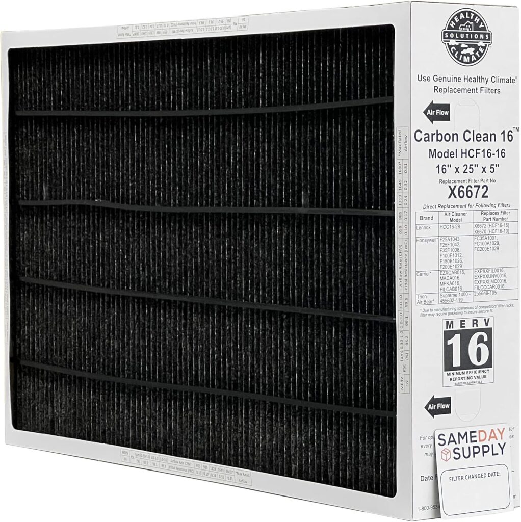 Lennox X6672 16x25x5 Healthy Climate Carbon-Clean MERV 16 Filter Bundle with Same Day Supply Filter Change Reminder Magnet (2-Pack)