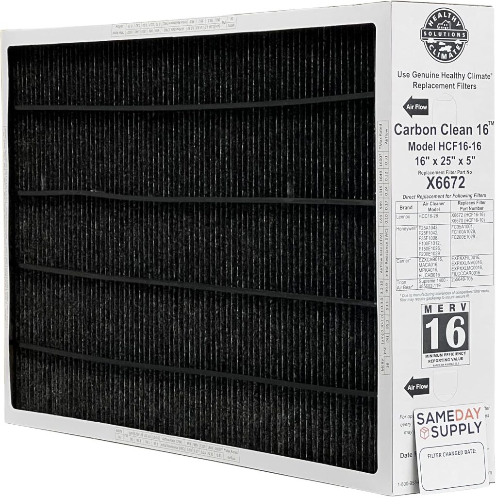 Lennox X6672 16x25x5 Healthy Climate Carbon-Clean MERV 16 Filter Bundle with Same Day Supply Filter Change Reminder Magnet (1-Pack)