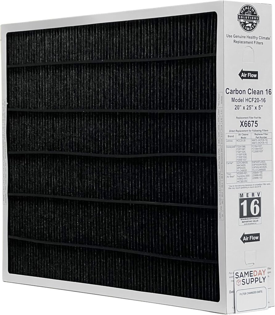 Lennox X6675 20x25x5 Healthy Climate Carbon-Clean MERV 16 Filter Bundle with Same Day Supply Filter Change Reminder Magnet (1-Pack)